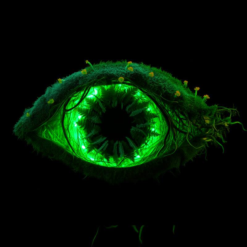A watchful eye ringed in glowing moss