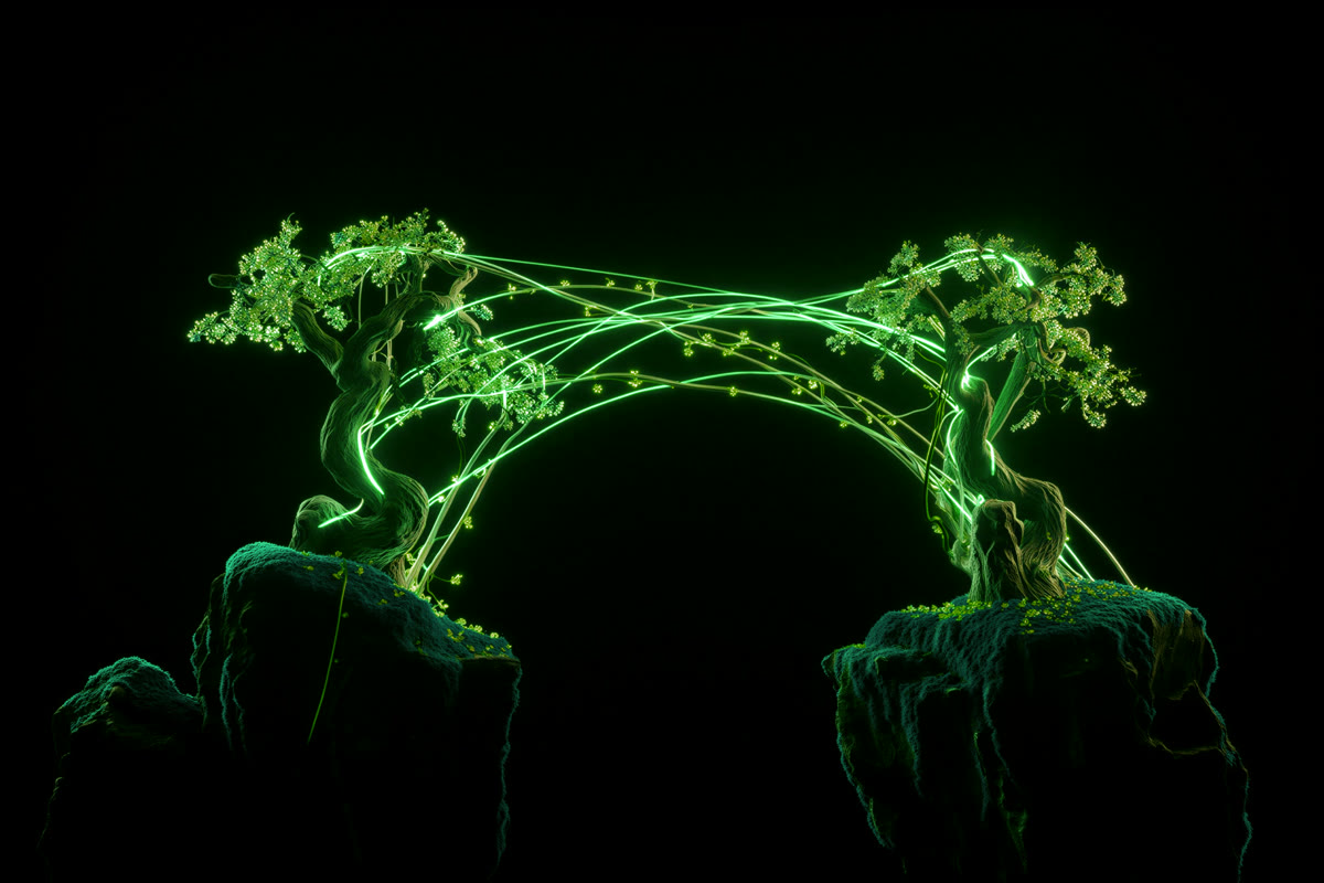 Two glowing trees joined by a luminous bridge of light — systems connected