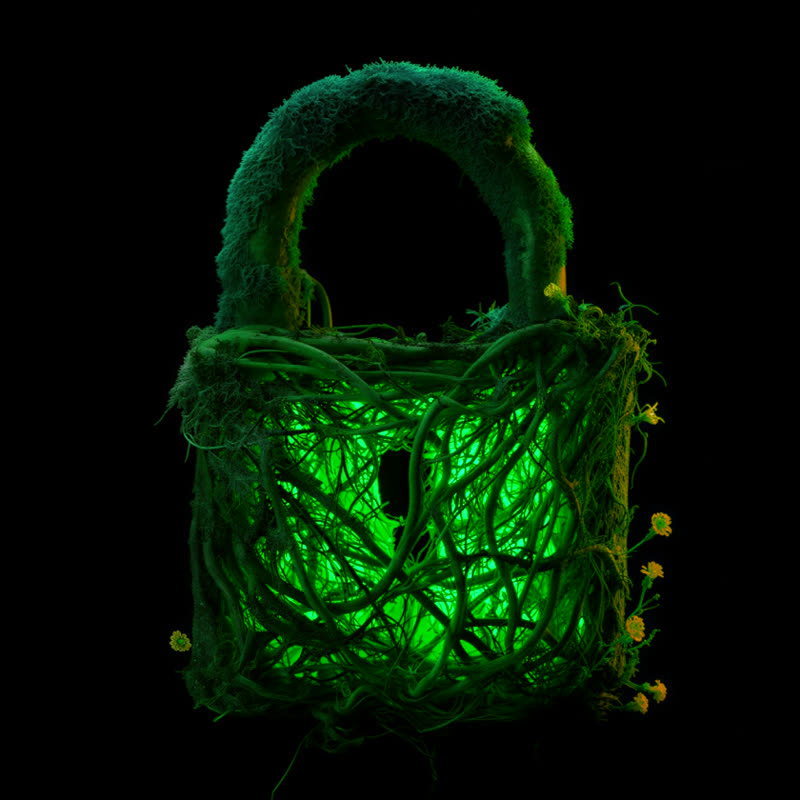 A padlock of woven vines glowing from within