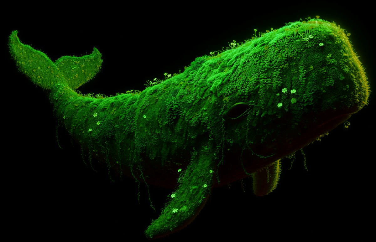 A whale grown from moss and glowing blossoms — scale, moving quietly