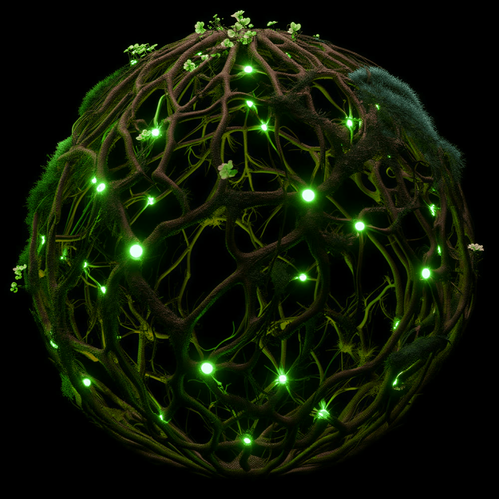 A sphere of interwoven roots dotted with glowing green nodes — distributed, connected infrastructure